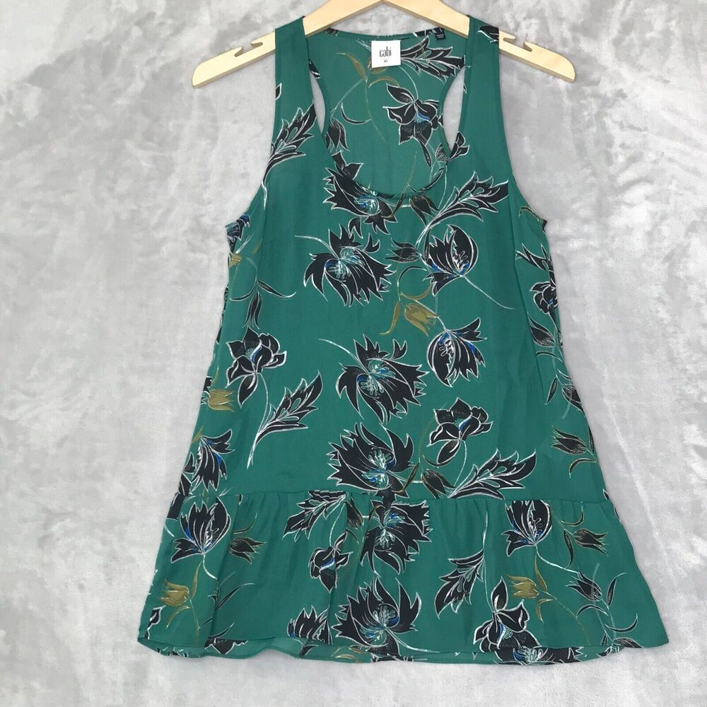CAbi Zoe Falling Flowers Tank Womens XS Green Black Racerback Ruffle Hem 3276
